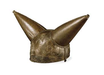 Iron-age, copper-alloy horned helmet found at Waterloo Bridge in 1868. Circa 150 B.C.- 50 B.C. Celtic.